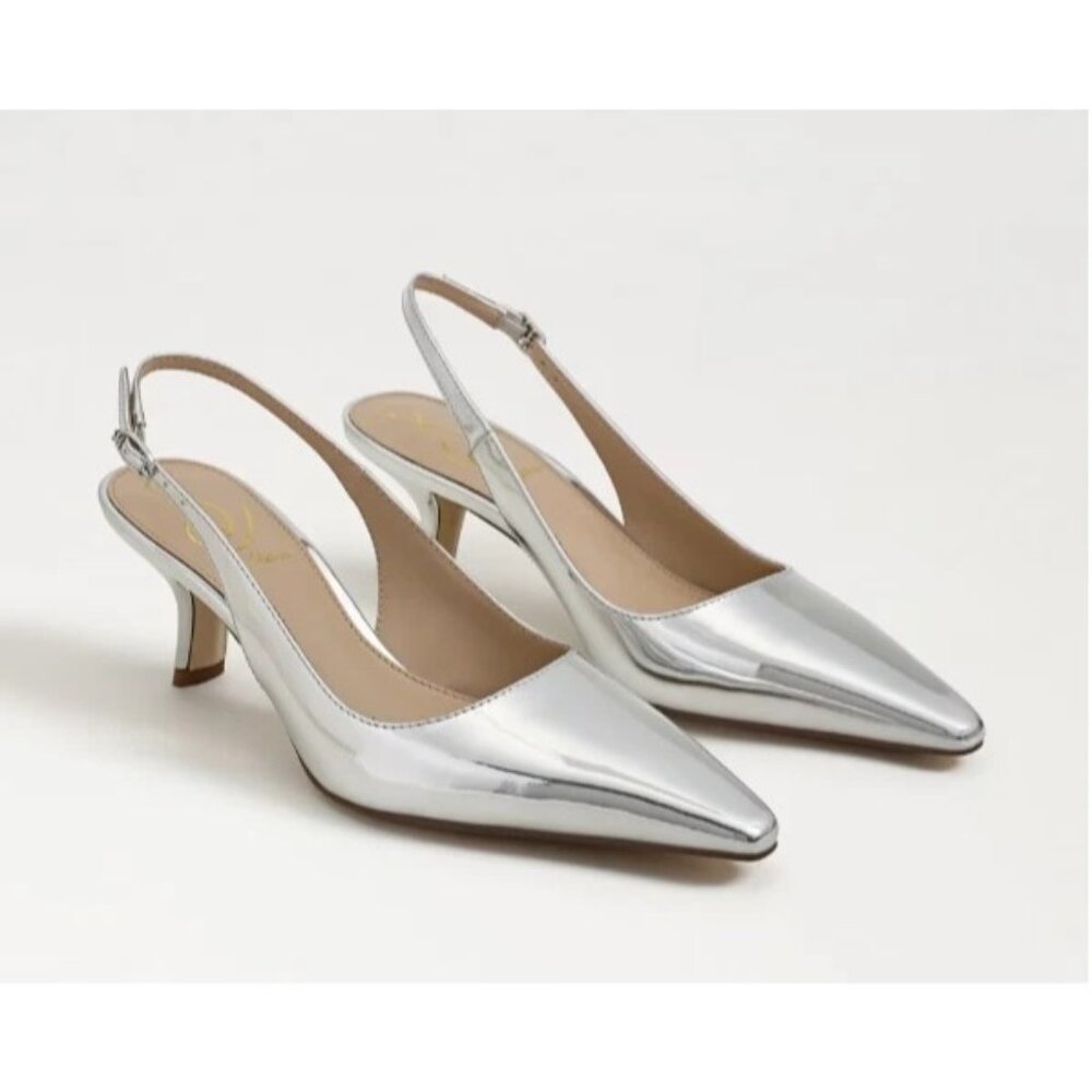 Sam Edelman Bianka Slingback Pumps Soft Silver Metallic Pointed Toe Kitten Heel
